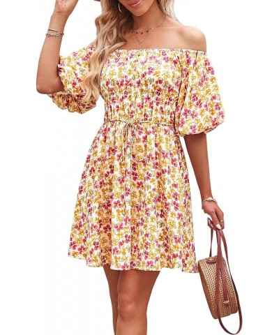 Women's Off The Shoulder Babydoll Dress Short Puff Sleeve Casual A Line Ruffle Summer Dresses Floral Turmeric $25.38 Dresses