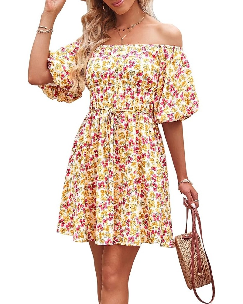 Women's Off The Shoulder Babydoll Dress Short Puff Sleeve Casual A Line Ruffle Summer Dresses Floral Turmeric $25.38 Dresses