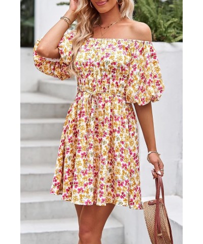 Women's Off The Shoulder Babydoll Dress Short Puff Sleeve Casual A Line Ruffle Summer Dresses Floral Turmeric $25.38 Dresses