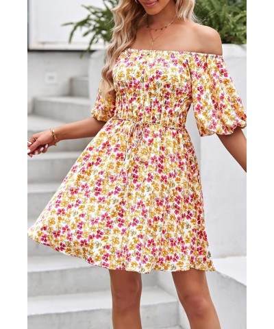 Women's Off The Shoulder Babydoll Dress Short Puff Sleeve Casual A Line Ruffle Summer Dresses Floral Turmeric $25.38 Dresses