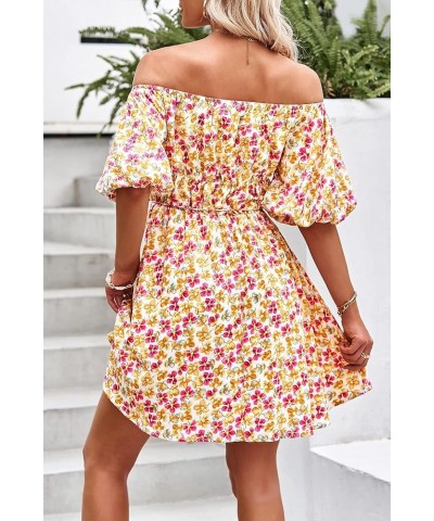 Women's Off The Shoulder Babydoll Dress Short Puff Sleeve Casual A Line Ruffle Summer Dresses Floral Turmeric $25.38 Dresses