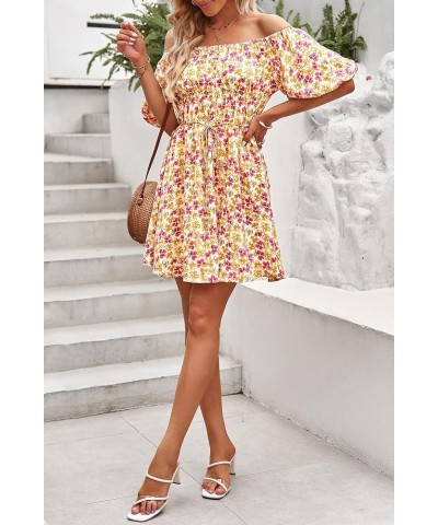 Women's Off The Shoulder Babydoll Dress Short Puff Sleeve Casual A Line Ruffle Summer Dresses Floral Turmeric $25.38 Dresses