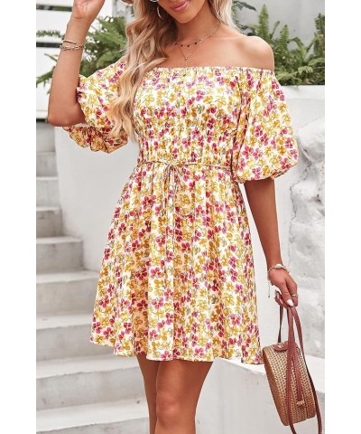 Women's Off The Shoulder Babydoll Dress Short Puff Sleeve Casual A Line Ruffle Summer Dresses Floral Turmeric $25.38 Dresses