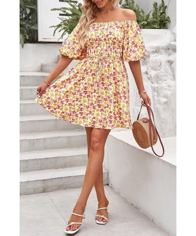 Women's Off The Shoulder Babydoll Dress Short Puff Sleeve Casual A Line Ruffle Summer Dresses Floral Turmeric $25.38 Dresses