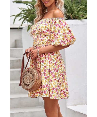 Women's Off The Shoulder Babydoll Dress Short Puff Sleeve Casual A Line Ruffle Summer Dresses Floral Turmeric $25.38 Dresses