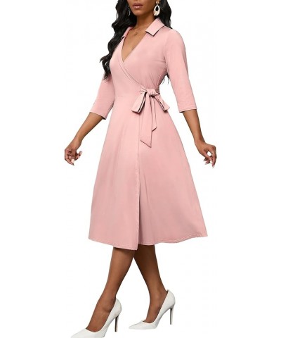 Women's Wrap Dress 3/4 Sleeve Midi Dress for Women V Neck Casual A-Line Dresses with Pockets and Belt 2-pink $19.36 Dresses