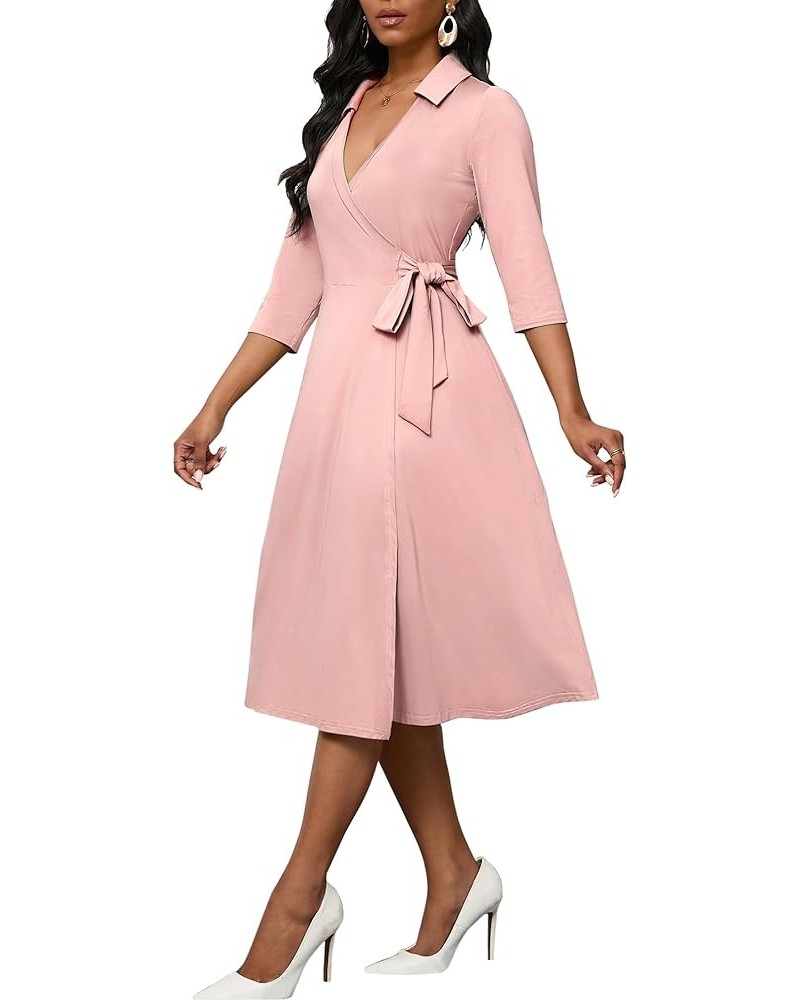 Women's Wrap Dress 3/4 Sleeve Midi Dress for Women V Neck Casual A-Line Dresses with Pockets and Belt 2-pink $19.36 Dresses