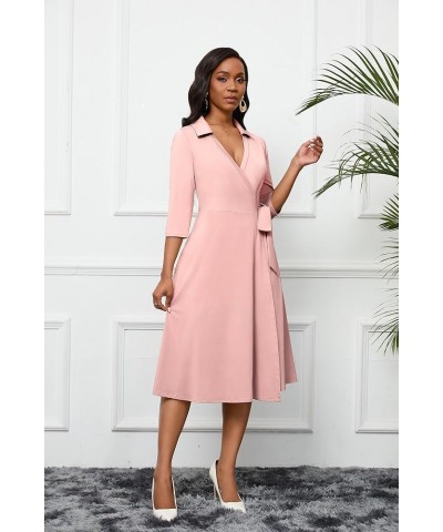 Women's Wrap Dress 3/4 Sleeve Midi Dress for Women V Neck Casual A-Line Dresses with Pockets and Belt 2-pink $19.36 Dresses