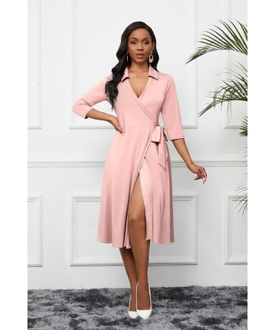 Women's Wrap Dress 3/4 Sleeve Midi Dress for Women V Neck Casual A-Line Dresses with Pockets and Belt 2-pink $19.36 Dresses