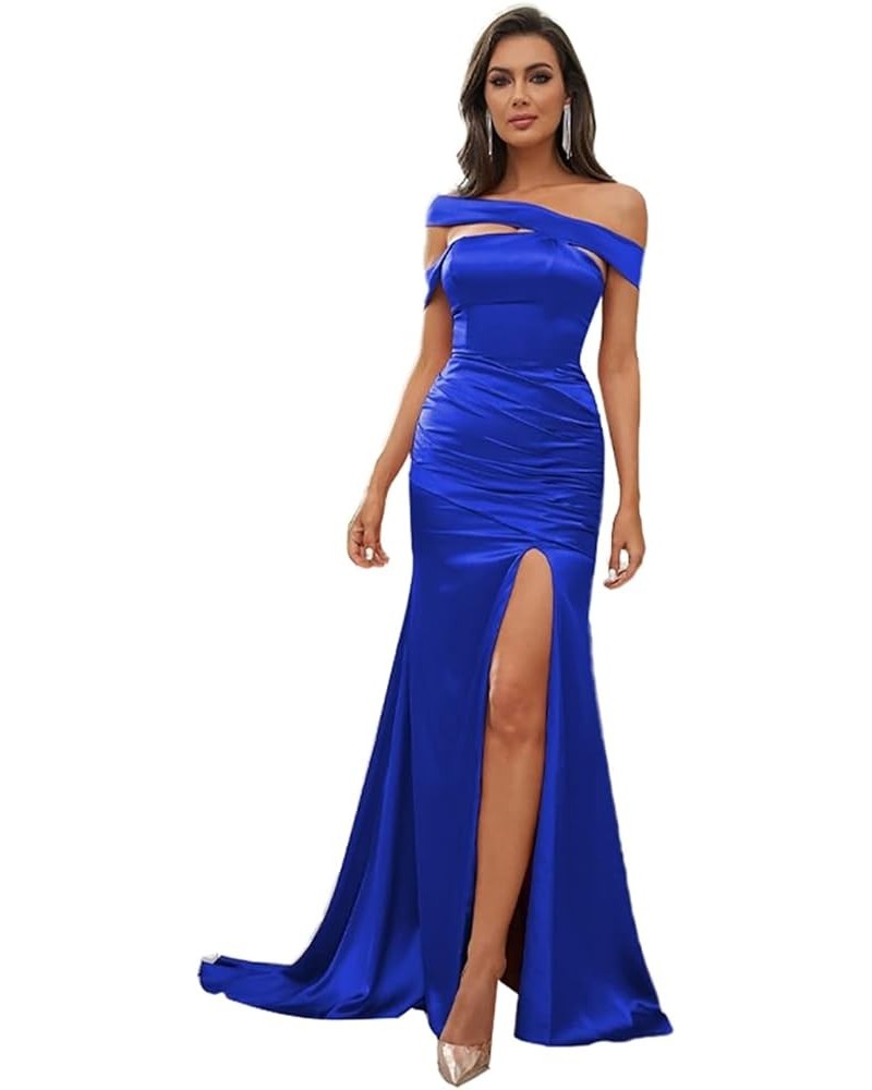 Bridesmaid Dresses with Slit Long Prom Dress Satin Formal Dresses for Women Evening Party Off Shoulder Prom Dresses Royal Blu...