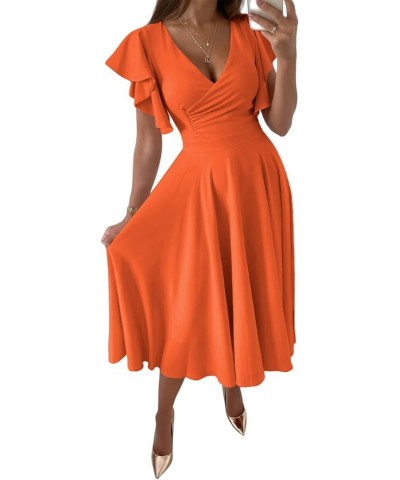 Women's Warp V Neck Ruffle Short Sleeve A Line Swing Flared Cocktail Party Midi Dress Orange $25.91 Dresses