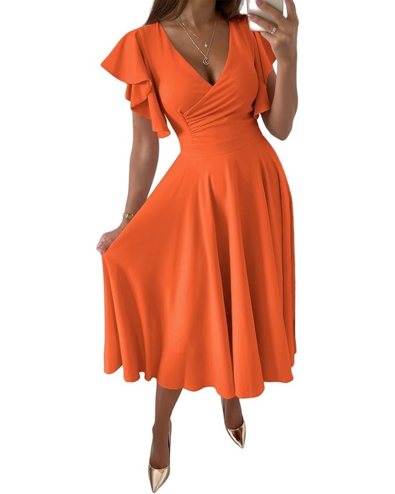 Women's Warp V Neck Ruffle Short Sleeve A Line Swing Flared Cocktail Party Midi Dress Orange $25.91 Dresses