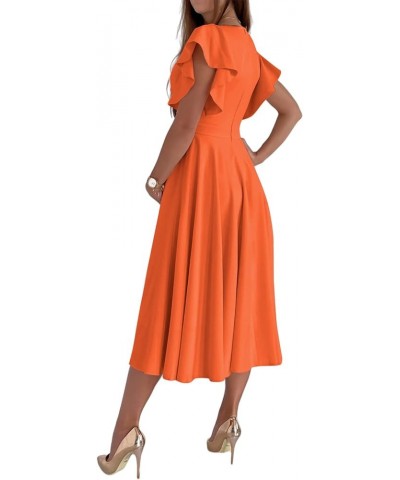 Women's Warp V Neck Ruffle Short Sleeve A Line Swing Flared Cocktail Party Midi Dress Orange $25.91 Dresses