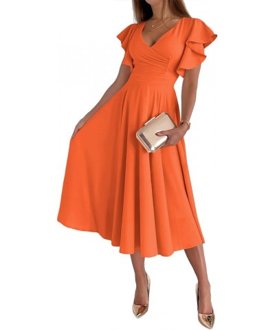 Women's Warp V Neck Ruffle Short Sleeve A Line Swing Flared Cocktail Party Midi Dress Orange $25.91 Dresses