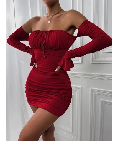 Womens Sexy Off Shoulder Bodycon Mini Dress Long Sleeve Halter Ruched Slinky Party Club Short Dresses Wine Red $17.81 Dresses