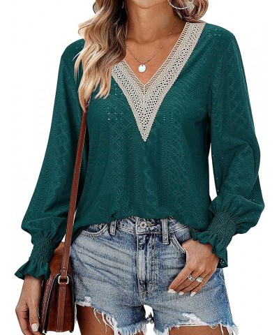 Casual Lace V Neck T-Shirts for Women 2023 Dressy Smocked Puff Long Sleeve Tops Eyelet Loose Tunic Blouses Evergreen $10.79 B...