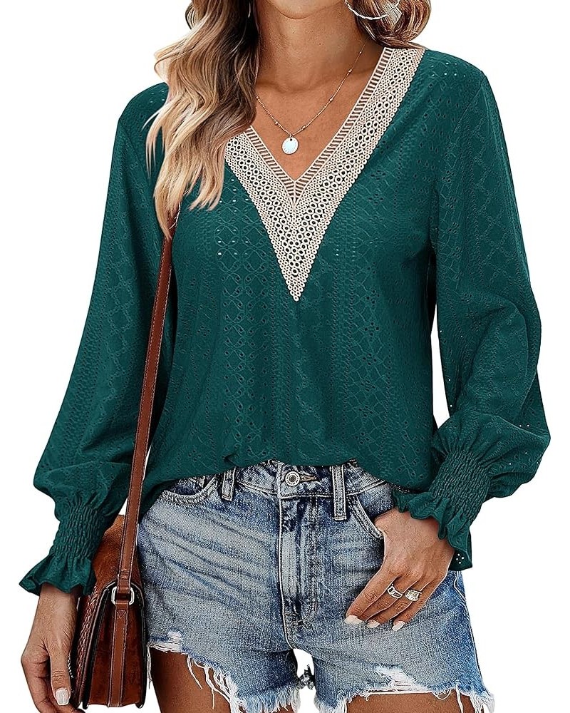 Casual Lace V Neck T-Shirts for Women 2023 Dressy Smocked Puff Long Sleeve Tops Eyelet Loose Tunic Blouses Evergreen $10.79 B...