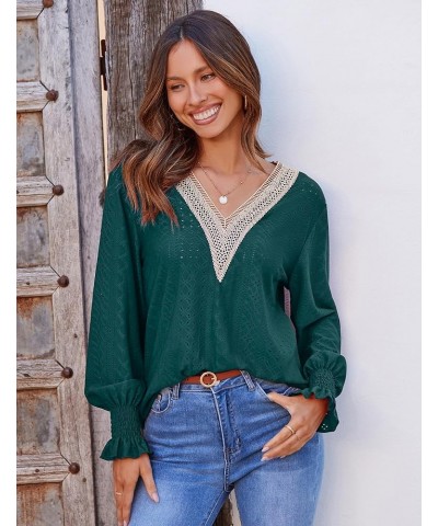 Casual Lace V Neck T-Shirts for Women 2023 Dressy Smocked Puff Long Sleeve Tops Eyelet Loose Tunic Blouses Evergreen $10.79 B...