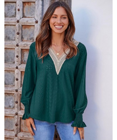 Casual Lace V Neck T-Shirts for Women 2023 Dressy Smocked Puff Long Sleeve Tops Eyelet Loose Tunic Blouses Evergreen $10.79 B...