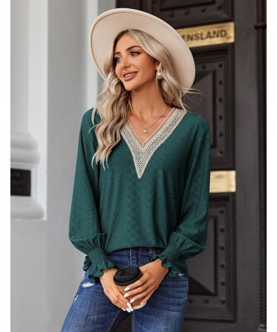 Casual Lace V Neck T-Shirts for Women 2023 Dressy Smocked Puff Long Sleeve Tops Eyelet Loose Tunic Blouses Evergreen $10.79 B...