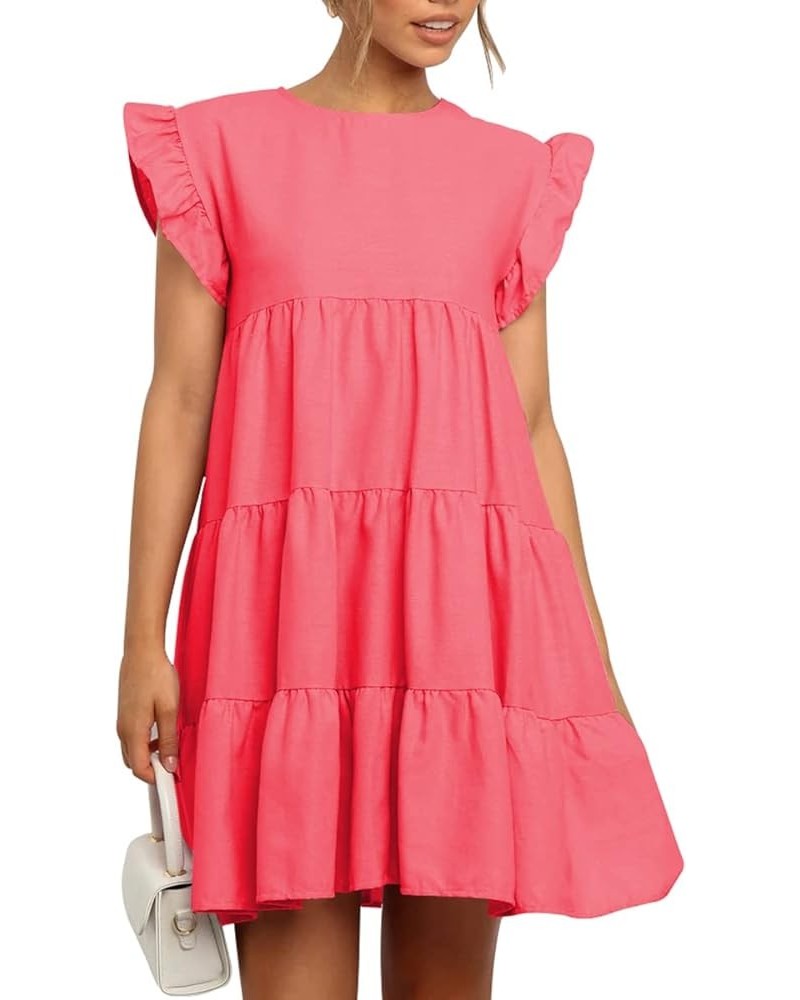 Women Babydoll Summer Casual Crew Neck Ruffle Sleeve Sleeveless Flowy Mini Short Tunic Dress Coral-pink $16.40 Dresses