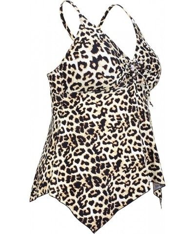 Women's Front Tie Swim Top Cross Back Tankini Top Flowy Swimdress Tummy Control Leopard Black $12.71 Swimsuits