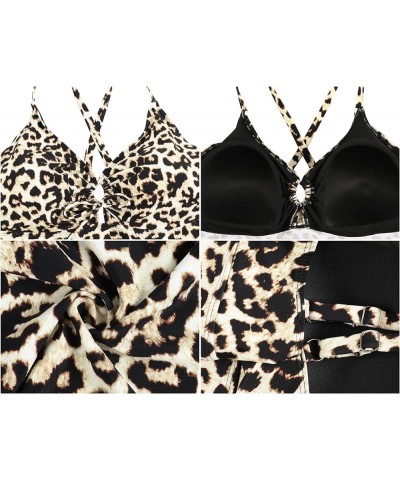 Women's Front Tie Swim Top Cross Back Tankini Top Flowy Swimdress Tummy Control Leopard Black $12.71 Swimsuits