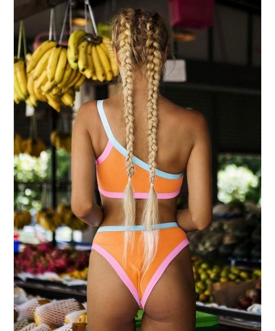 Women's 2 Piece Bikini Set Colorblock One Shoulder Swimsuit High Waisted Bathing Suit Orange Multi $14.52 Swimsuits
