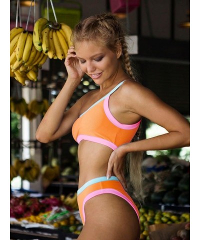 Women's 2 Piece Bikini Set Colorblock One Shoulder Swimsuit High Waisted Bathing Suit Orange Multi $14.52 Swimsuits