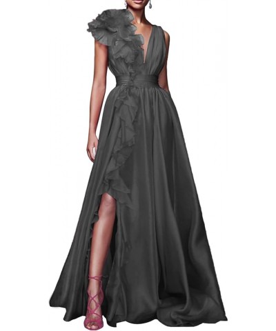 V Neck Tulle Prom Dresses for Women Sexy 3D Flower Split Long Formal Evening Dress A Line Floor Length Party Gown Grey $40.49...