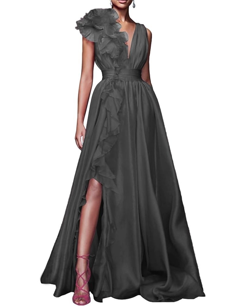 V Neck Tulle Prom Dresses for Women Sexy 3D Flower Split Long Formal Evening Dress A Line Floor Length Party Gown Grey $40.49...