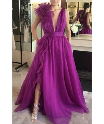 V Neck Tulle Prom Dresses for Women Sexy 3D Flower Split Long Formal Evening Dress A Line Floor Length Party Gown Grey $40.49...