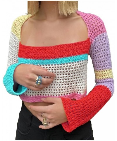 Womens y2k Cover up Hollow Out Crochet Knitted Crop Tops Multicolor Stripes Trendy Y2K Tee Shirt for Teen Girls Multicolor St...