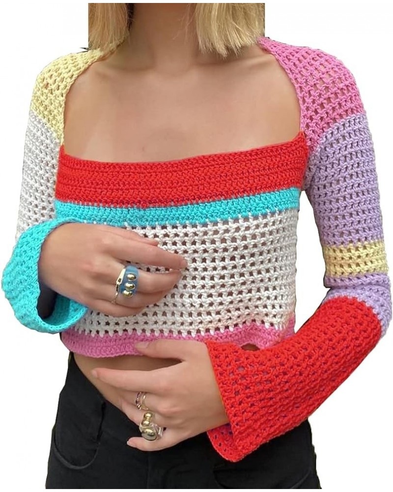 Womens y2k Cover up Hollow Out Crochet Knitted Crop Tops Multicolor Stripes Trendy Y2K Tee Shirt for Teen Girls Multicolor St...