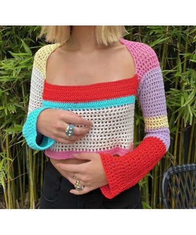 Womens y2k Cover up Hollow Out Crochet Knitted Crop Tops Multicolor Stripes Trendy Y2K Tee Shirt for Teen Girls Multicolor St...