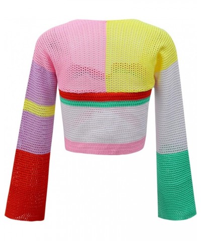 Womens y2k Cover up Hollow Out Crochet Knitted Crop Tops Multicolor Stripes Trendy Y2K Tee Shirt for Teen Girls Multicolor St...