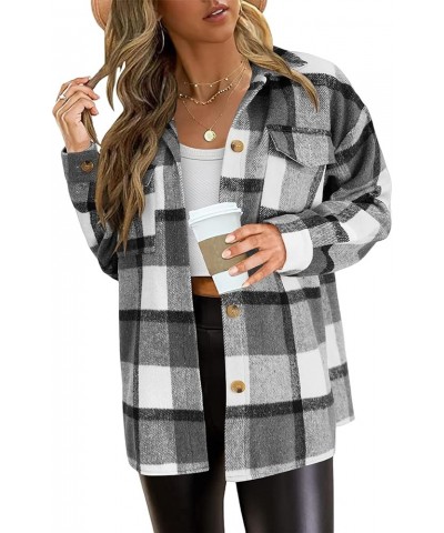 Plaid Shacket Jacket Women with Pockets Button Down Shirts Lapel Casual Blouses Tops Coat Gray $10.63 Jackets