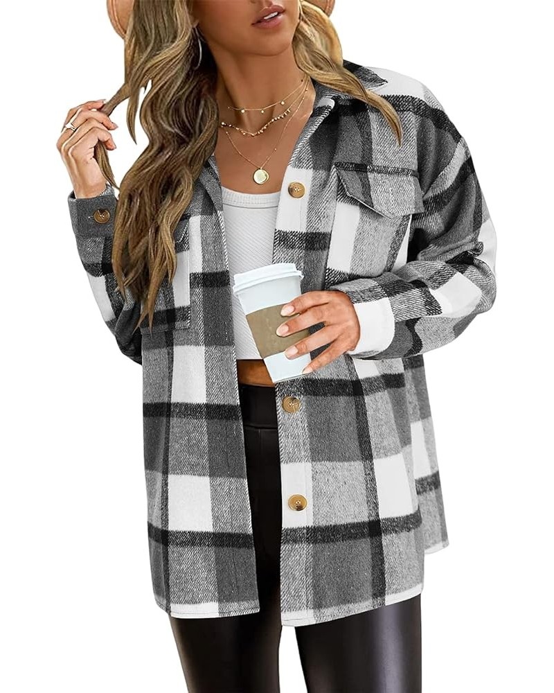 Plaid Shacket Jacket Women with Pockets Button Down Shirts Lapel Casual Blouses Tops Coat Gray $10.63 Jackets