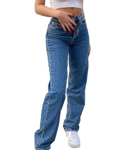 Women Fashion Denim Pants High Waist Straight Leg Baggy E-Girls Boyfriend Jeans Trousers Streetwear Dark Blue-3 $14.45 Jeans