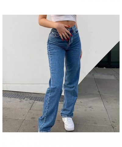 Women Fashion Denim Pants High Waist Straight Leg Baggy E-Girls Boyfriend Jeans Trousers Streetwear Dark Blue-3 $14.45 Jeans