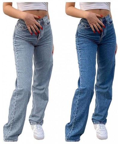 Women Fashion Denim Pants High Waist Straight Leg Baggy E-Girls Boyfriend Jeans Trousers Streetwear Dark Blue-3 $14.45 Jeans