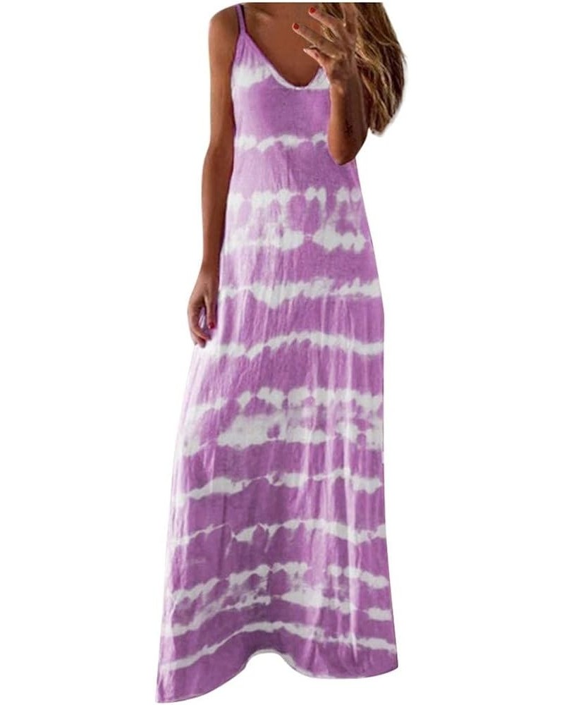 Spaghetti Strap Maxi Dresses for Women Plus Size Casual Flowy Sleeveless V Neck Maxi Dress Striped Tie Dye Dresses C-purple $...