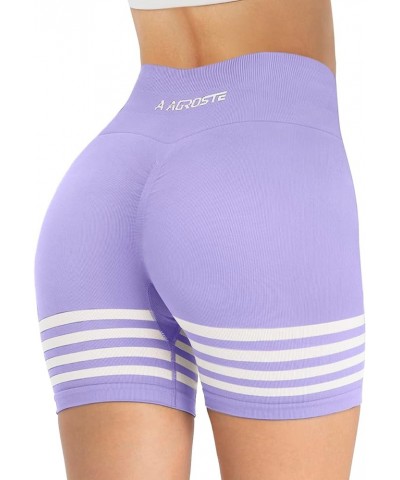 Women Stripe 4.5" Seamless Workout Shorts with Pockets Butt Lifting Scrunch Gym Short High Waist Yoga Biker Shorts 3-purple $...