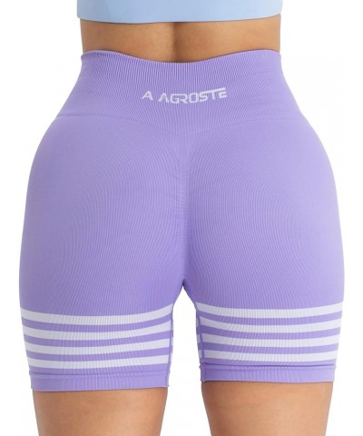 Women Stripe 4.5" Seamless Workout Shorts with Pockets Butt Lifting Scrunch Gym Short High Waist Yoga Biker Shorts 3-purple $...