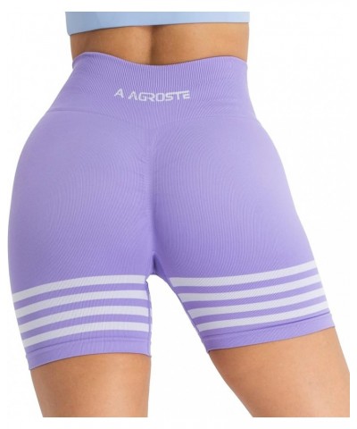 Women Stripe 4.5" Seamless Workout Shorts with Pockets Butt Lifting Scrunch Gym Short High Waist Yoga Biker Shorts 3-purple $...