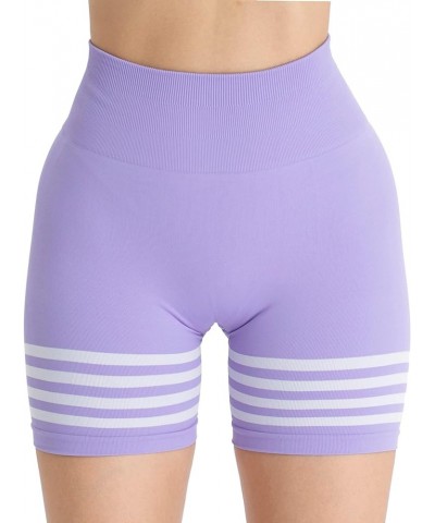 Women Stripe 4.5" Seamless Workout Shorts with Pockets Butt Lifting Scrunch Gym Short High Waist Yoga Biker Shorts 3-purple $...