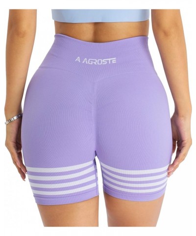 Women Stripe 4.5" Seamless Workout Shorts with Pockets Butt Lifting Scrunch Gym Short High Waist Yoga Biker Shorts 3-purple $...