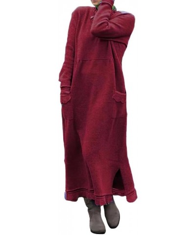 Women's Solid Lace Crewneck Maxi Dress Casual Loose Plus Size Fall Pullover Dresses for Women with Pockets Colorwine Red $16....