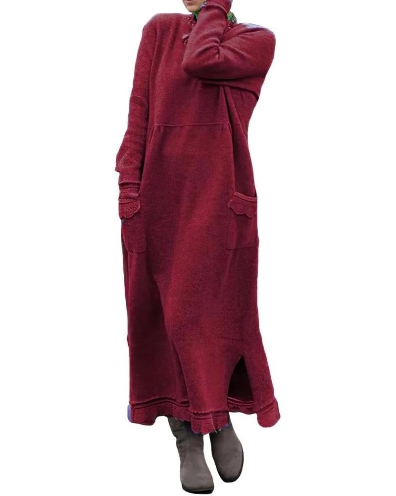 Women's Solid Lace Crewneck Maxi Dress Casual Loose Plus Size Fall Pullover Dresses for Women with Pockets Colorwine Red $16....