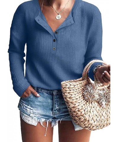 Womens Plus Size Tops Waffle Knit Blouse V Neck Button Up Long Sleeve Henley Tunic A-blue $8.99 Tops